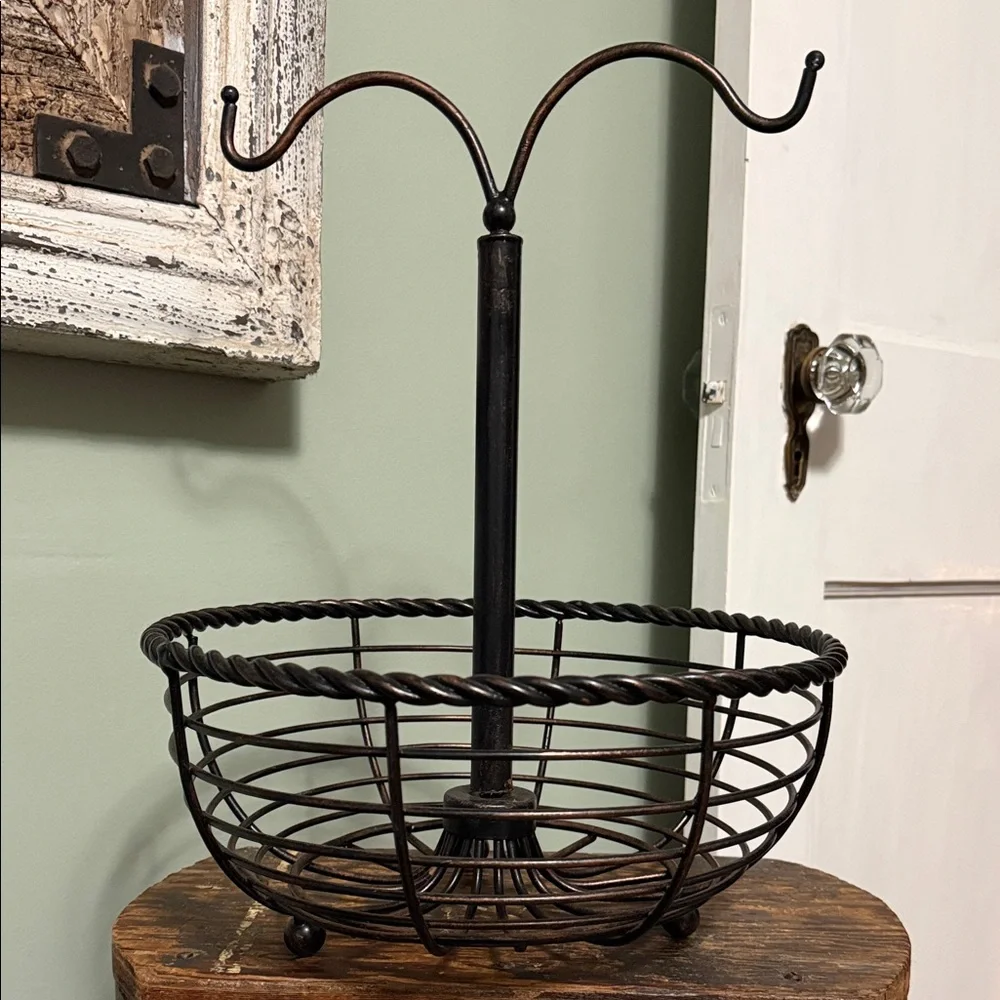 Rustic Twisted Metal Fruit Basket Stand w/ Banana Hanger - Brown/Copper